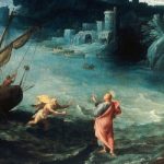 Painting of St. Peter walking to Jesus on the stormy sea.