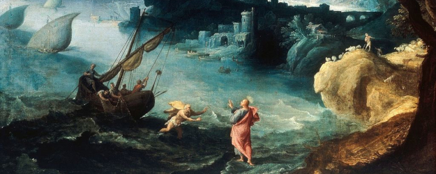 Painting of St. Peter walking to Jesus on the stormy sea.